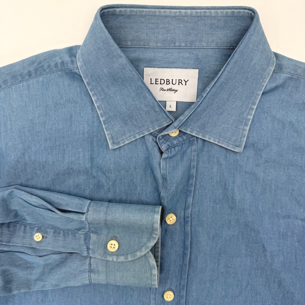 Ledbury Shirt Mens L Blue Denim Fine Shirting Long Sleeve Spread Collar Tailored